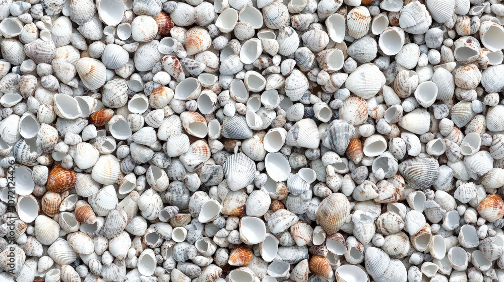 A myriad of tiny seashells on a white backdrop A myriad of tiny seashells on a white backdrop