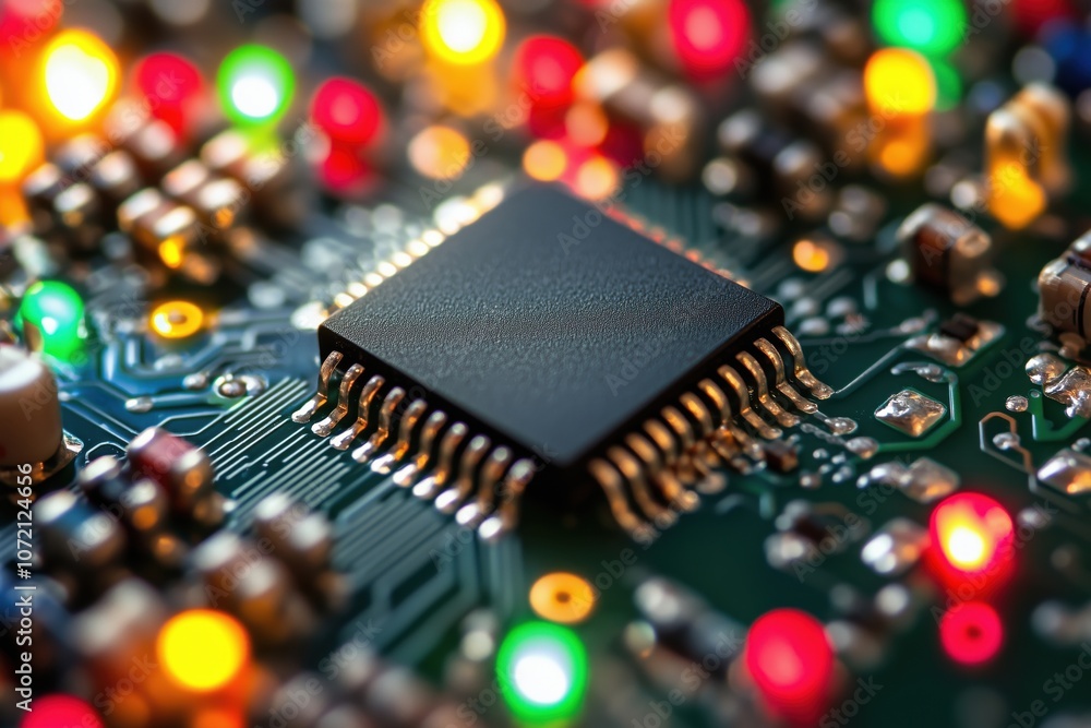 Obraz premium Microchip on circuit board with colorful LED lights, intricate electronic components