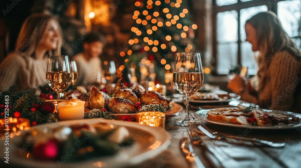 A close-up shot of a Christmas dinner table with food, wine glasses, and candles, with two women in the background talking and smiling. A close-up shot of a Christmas dinner table with food, wine glasses, and candles, with two women in the background talking and smiling.