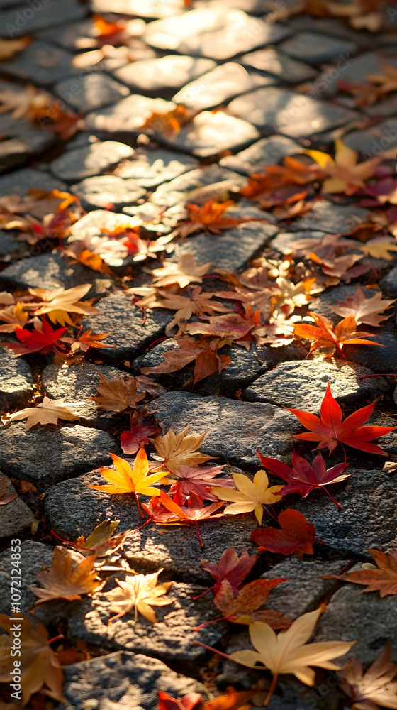 A path paved with cobblestones strewn with colorful autumn leaves, bathed in warm sunlight. A path paved with cobblestones strewn with colorful autumn leaves, bathed in warm sunlight.