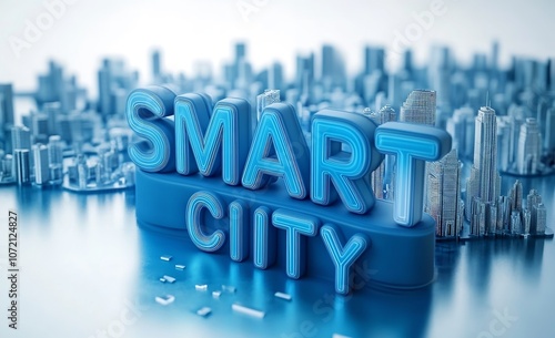 3D text Smart City 2D vector graphic, white background, blue color scheme photo