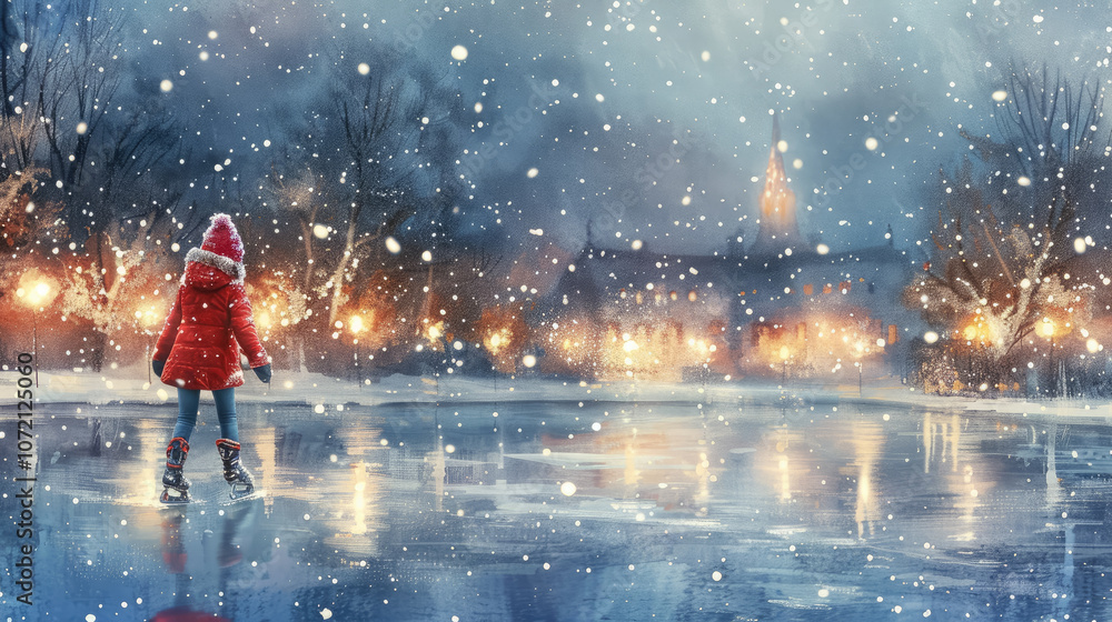 Fototapeta premium little girl skating on ice rink in winter, child doing sports, christmas, new year, xmas, snow, skates
