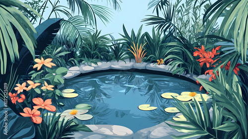 A serene pond surrounded by lush tropical foliage, with lily pads floating on the water's surface. photo