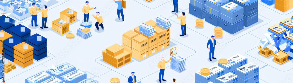 Modern production line with documents detailing financial reserves and company riches Modern production line with documents detailing financial reserves and company riches