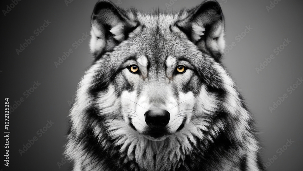 Obraz premium Front view of Wolf isolated on black background. Black and white portrait of wolf