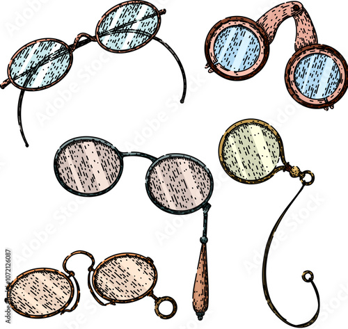 spectacles set hand drawn. antique timeless, eyewear frames, fashion chic spectacles vector sketch. isolated color illustration