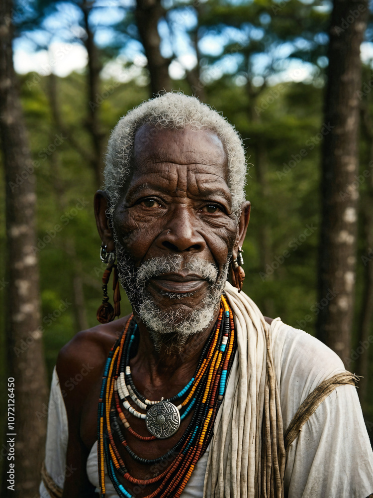 Fototapeta premium A Hyperrealistic Portrait of an Elderly Aboriginal Man Amidst Impressionist Landscapes
