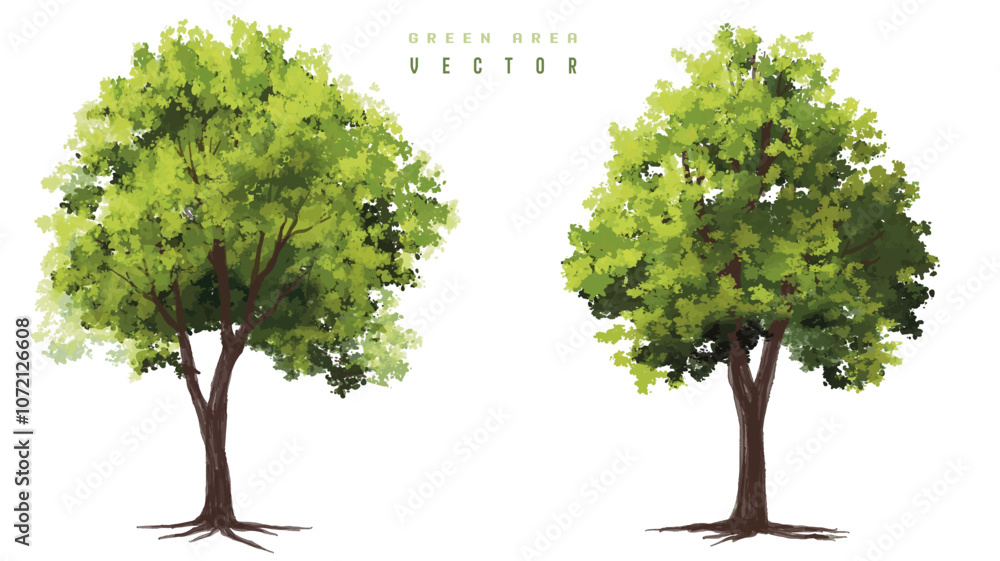 Obraz premium Vertor set of green tree,plants side view for landscape elevations,element for backdrop,eco environment concept design,watercolor greenery scene,shrub