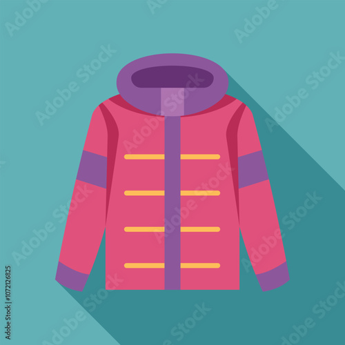 Stylish pink winter jacket featuring a purple hood and decorative stripes, providing warmth and protection during cold weather