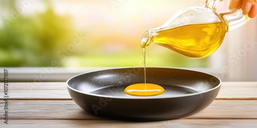 A golden egg yolk in a frying pan being drizzled with oil, set against a bright, airy background.