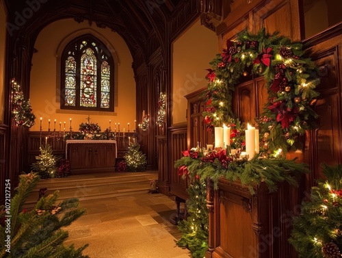 Wallpaper Mural Elegant church Christmas decor: classic holiday decorations with wreaths, candles, warm lighting, serene and reverent atmosphere, rich colors, timeless church setting Torontodigital.ca