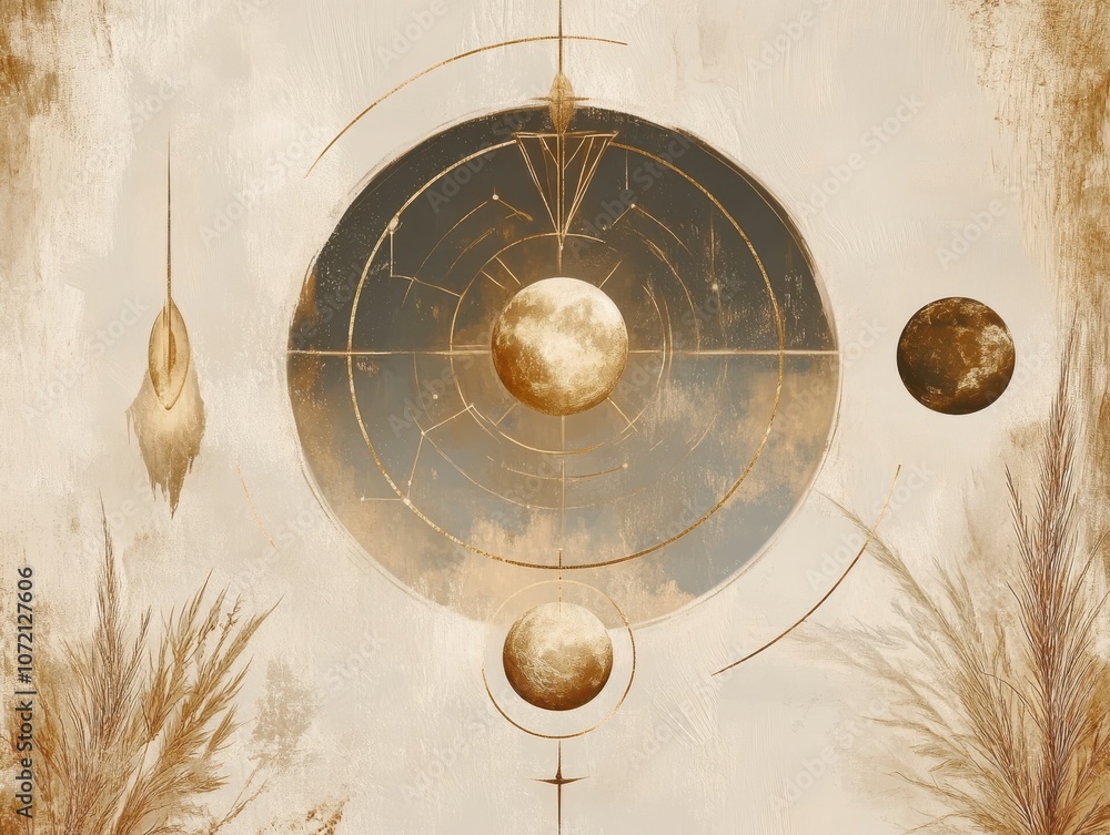 Naklejka premium Celestial Harmony: A Golden Cosmic Canvas