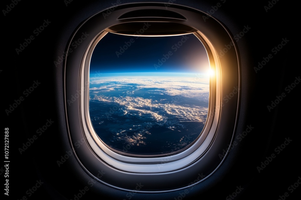 A realistic view of the Earth’s surface, with clear oceans and land masses, as seen from an airplane window A realistic view of the Earth’s surface, with clear oceans and land masses, as seen from an airplane window