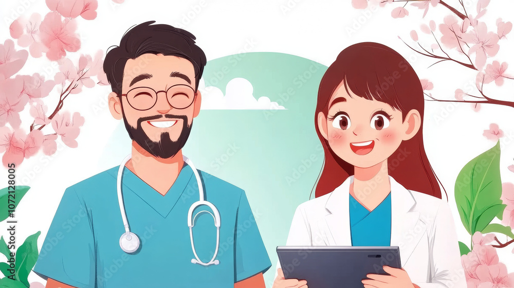 Smiling doctors reviewing medical records on a tablet. Smiling doctors reviewing medical records on a tablet.