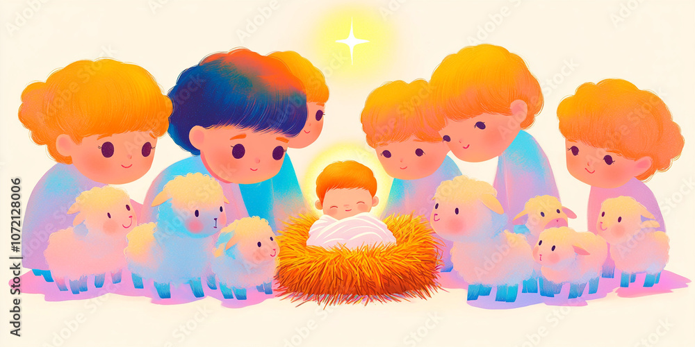Christmas: Shepherds with sheep and baby Jesus in a manger Christmas: Shepherds with sheep and baby Jesus in a manger