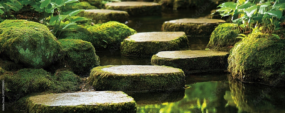 Serene stepping stones in a lush, moss-covered landscape beside a tranquil stream. Serene stepping stones in a lush, moss-covered landscape beside a tranquil stream.