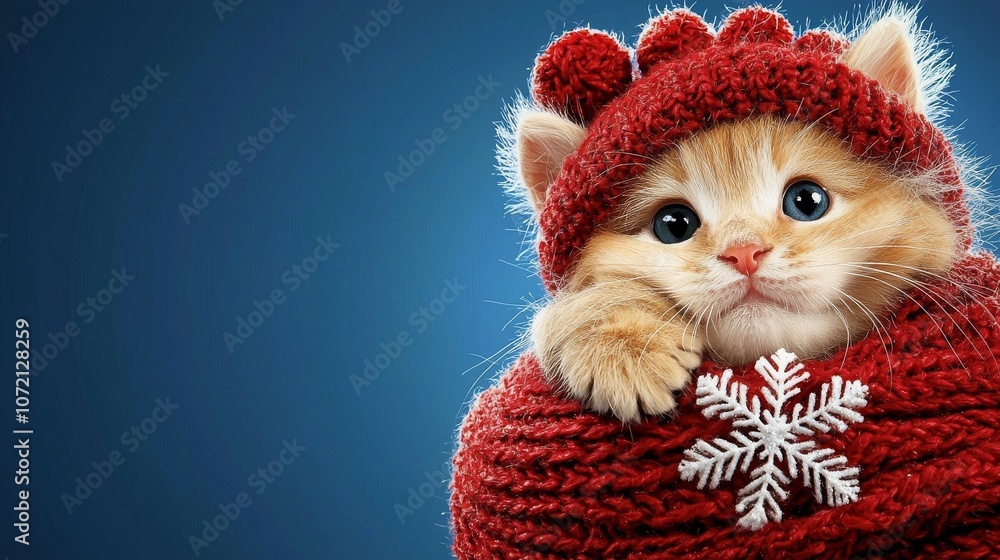 Obraz premium Adorable Kitten Snuggles in Cozy Red Knit Hat for a Winter Wonderland Vibe