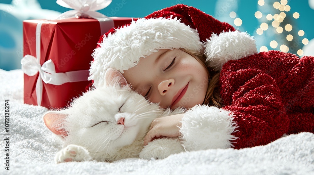 Joyfully Embracing the Holiday Spirit A Girl Sleeps Peacefully with Her Cat Amidst Christmas Cheer Joyfully Embracing the Holiday Spirit A Girl Sleeps Peacefully with Her Cat Amidst Christmas Cheer