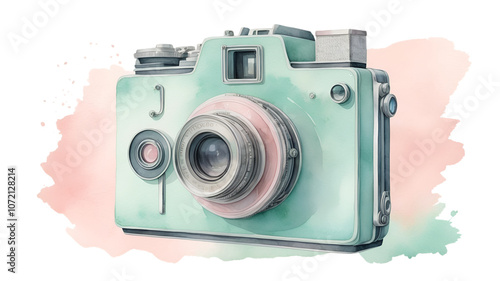 vintage inspired watercolor camera with soft colors in png transparent background photo