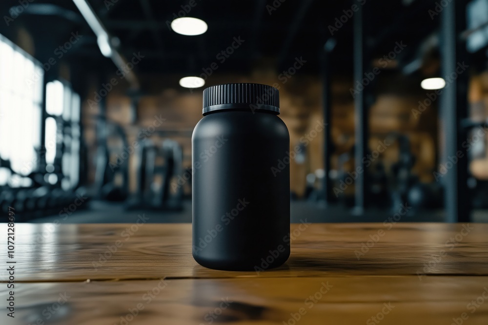 Black supplement bottle on wooden table in gym setting, fitness environment Black supplement bottle on wooden table in gym setting, fitness environment