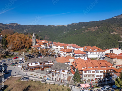 Aerial drone photo of the mountain town named Metsovo in Greece.