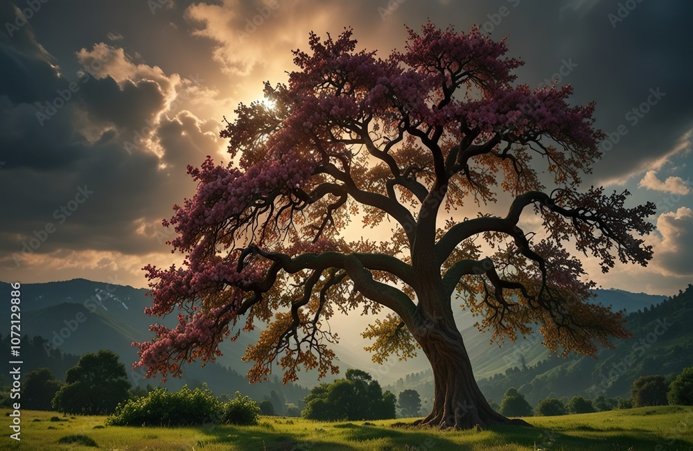Fototapeta premium Big tall beautiful pink blooming tree with strong branches and leaves in the park. Clouds, bad weather. Environmental protection. Ecological situation in the world. Earth Day. Peaceful view. 