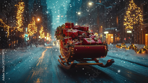 red christmas sleigh of santa claus full of gift boxes on the background of night city street, new year, celebration, lights of lanterns and garlands, holiday