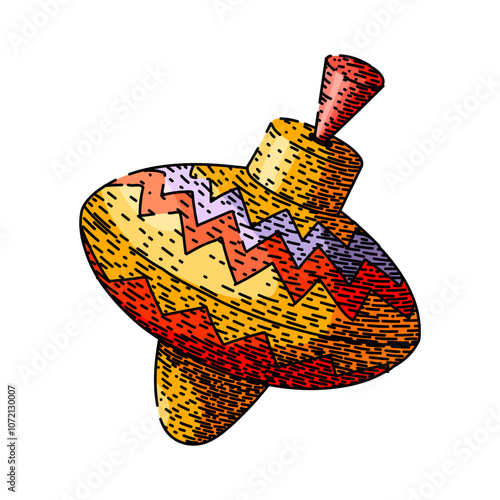 rotation spinning top hand drawn. physics motion, axis momentum, friction inertia rotation spinning top vector sketch. isolated color illustration