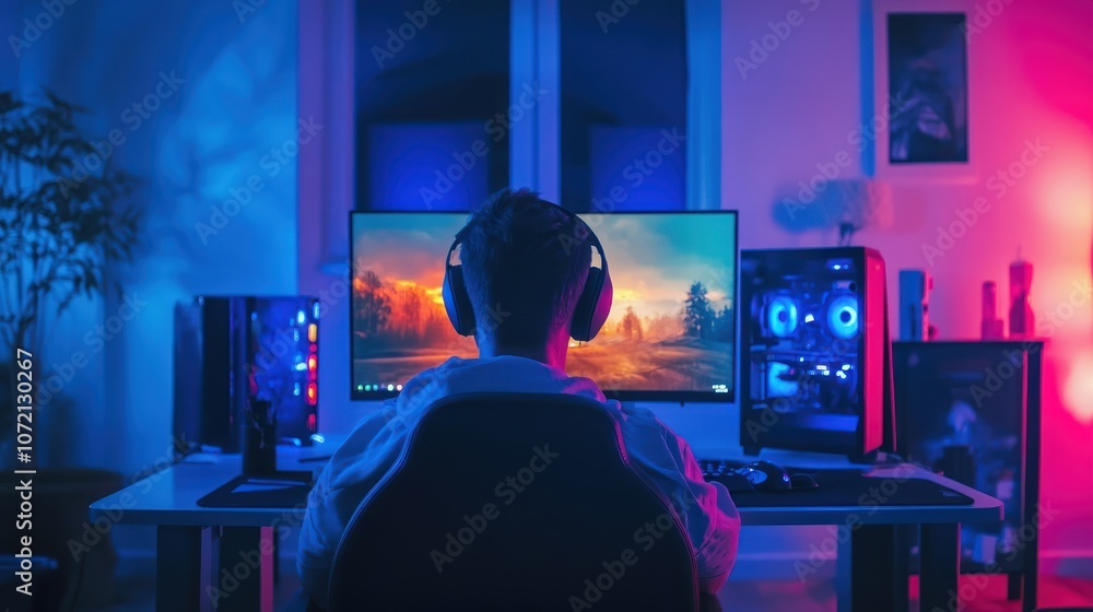 Gamer in a dimly lit room Gamer in a dimly lit room