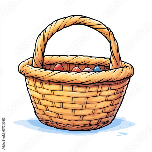 Wicker Basket with Colorful Eggs, Easter-Themed Design with Traditional Woven Handle photo