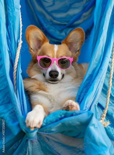 A cute dog wearing sunglasses is lying in a hammock photo