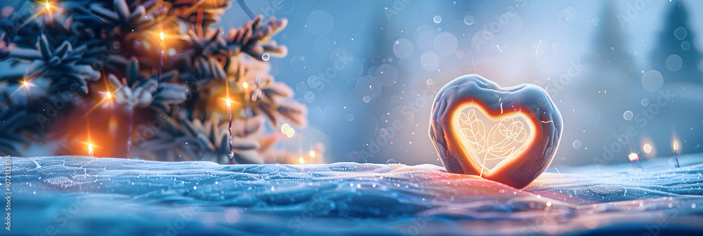 New Year's Eve banner. In a snowy forest on the background of snow and trees close-up icy heart made of snow. Inside the heart is brightly show in it there is a heart rhythm. Cardiology. Medicine.Safe New Year's Eve banner. In a snowy forest on the background of snow and trees close-up icy heart made of snow. Inside the heart is brightly show in it there is a heart rhythm. Cardiology. Medicine.Safe