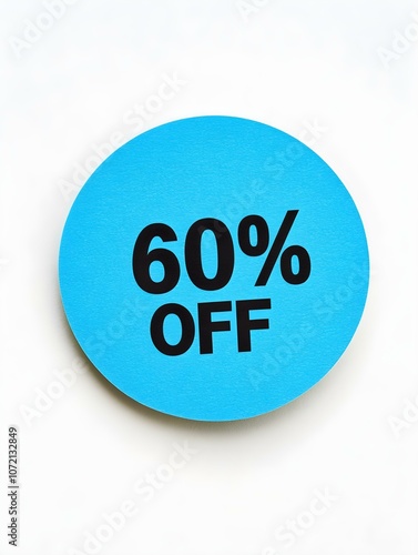 Black '60% OFF' Text on a Blue Round Paper Note. White Background 