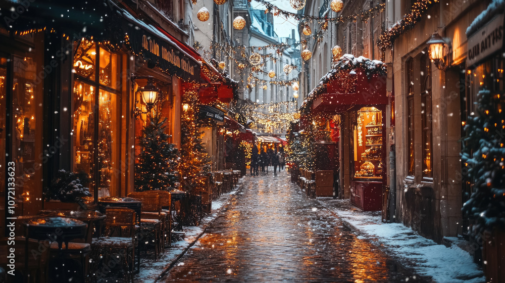 photo of european street in Paris or London decorated for christmas, new year decor, architecture, road, city, xmas photo of european street in Paris or London decorated for christmas, new year decor, architecture, road, city, xmas