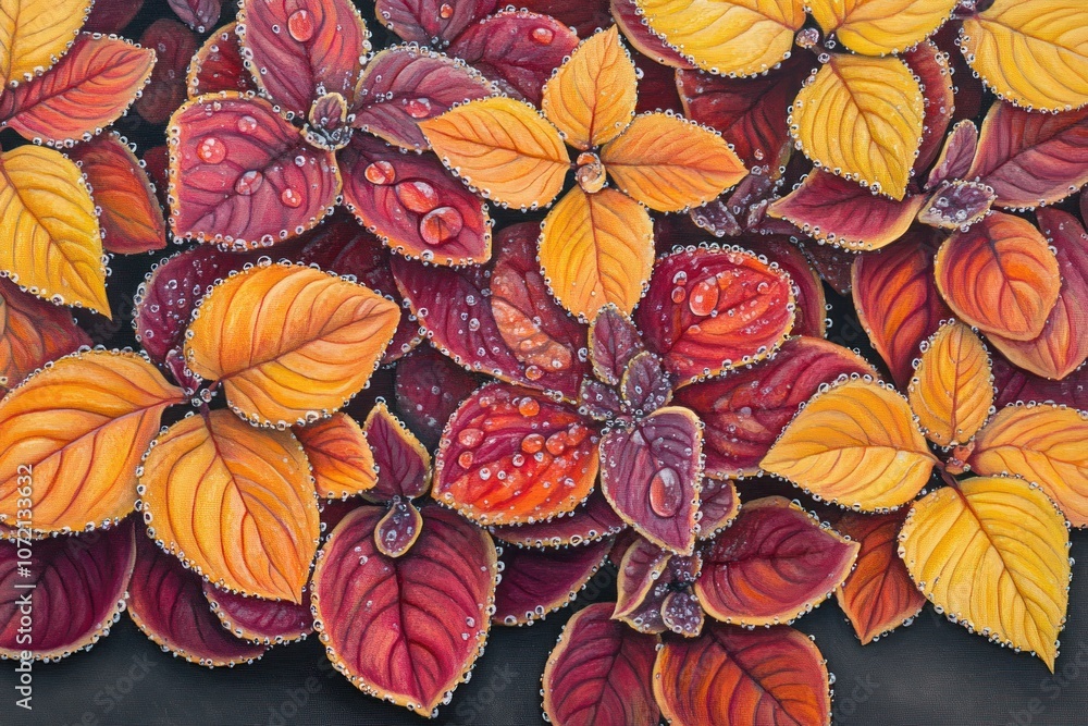 A vibrant arrangement of colorful leaves with droplets, showcasing nature's beauty. A vibrant arrangement of colorful leaves with droplets, showcasing nature's beauty.