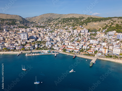 Aerial drone photo of the coastal city of Sarandë in Albania.