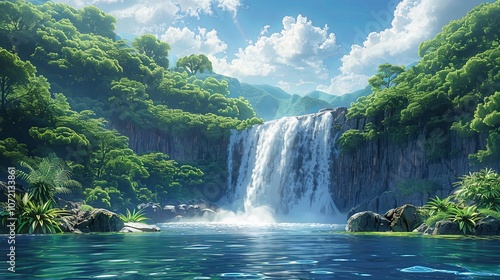 A scenic view of a waterfall in a tropical rainforest, mist rising, lush greens and vibrant blues, peaceful and serene natural setting