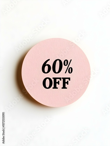 Black '60% OFF' Text on a Blush Round Paper Note. White Background 