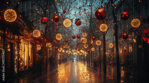 photo of street in new york decorated for christmas, new year decor, architecture, road, city, xmas