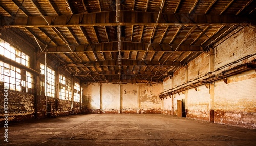 Nave industrial abandonada: Un interior grunge de una fábrica oscura y vacía con paredes de ladrillo blanco sucio, metal vintage y acero oxidado, creando un espacio grande y espeluznante.