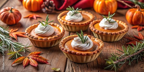 Mini Pumpkin Pies Topped with Whipped Cream and Rosemary Sprigs on a Rustic Wooden Table