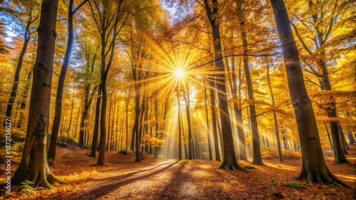 Breathtaking Nature Panorama with Sunlight Filtering Through Yellow Autumn Foliage in a Picturesque Forest Scene Captured with Long Exposure Technique for Stunning Visuals