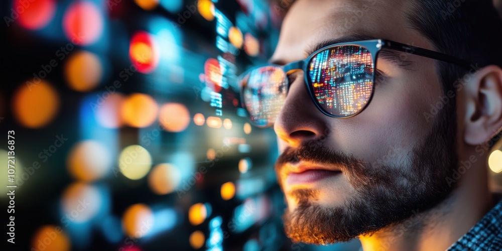 Man with glasses reflecting city lights, urban background, modern style Man with glasses reflecting city lights, urban background, modern style