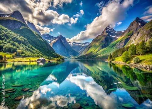 Breathtaking Scenic View of Norway's Fjords and Mountains Perfect for Vacation Inspiration with Expansive Copy Space for Travel Blogs and Marketing Materials