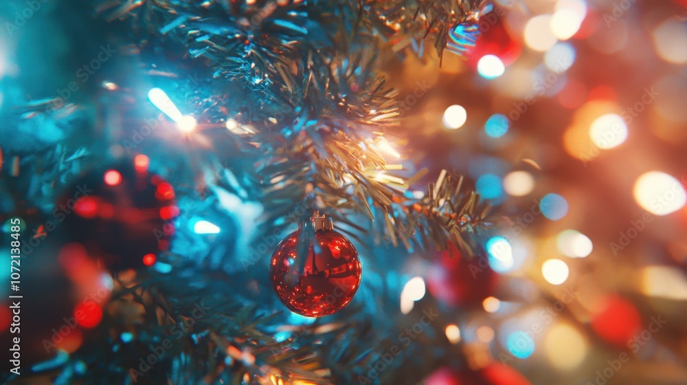 Fototapeta premium Sparkling Christmas Tree Decoration with Colorful Lights and Shiny Ornaments Creating a Festive Atmosphere in a Holiday Setting