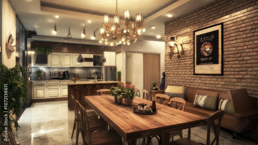 Sophisticated dining area with a modern chandelier and wooden table Sophisticated dining area with a modern chandelier and wooden table