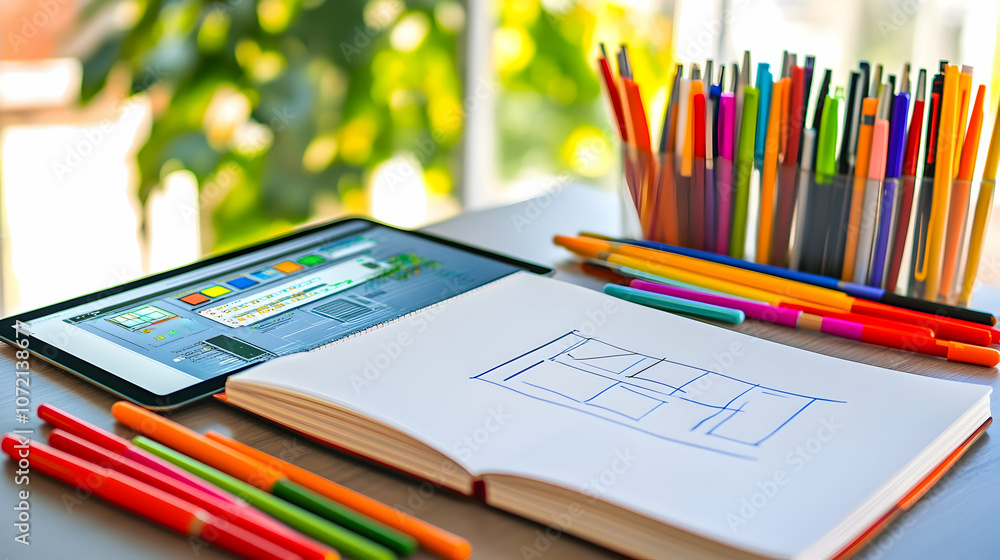 A tablet computer, a sketchbook with a website layout drawing, and colored pens on a desk. A tablet computer, a sketchbook with a website layout drawing, and colored pens on a desk.