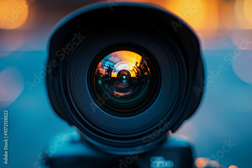 Close-up view of a camera lens reflecting a vibrant sunset scene