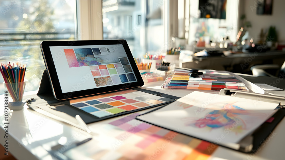 A tablet computer with a color palette displayed on the screen sits on a desk with various art supplies. A tablet computer with a color palette displayed on the screen sits on a desk with various art supplies.