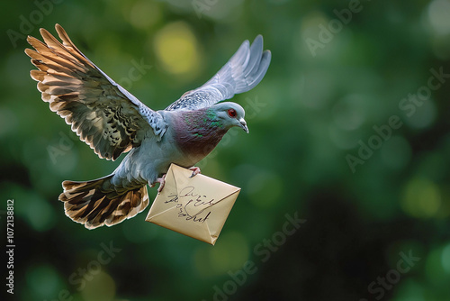 Pigeon delivering a letter amidst a natural green background